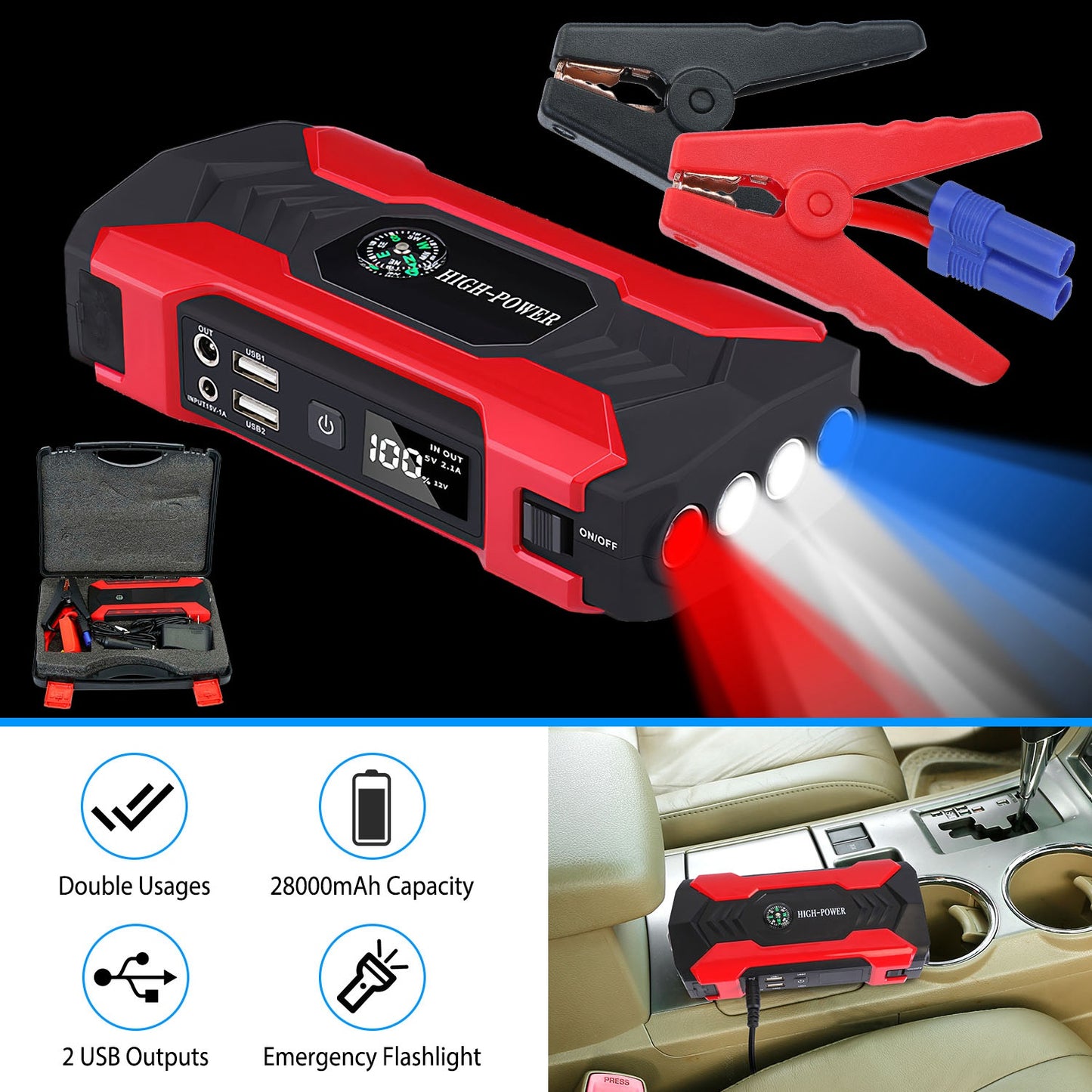 Car Jump Starter Booster 800A Peak 28000mAh 12V Battery Charger Up To 6.0L Gas Or 3.0L