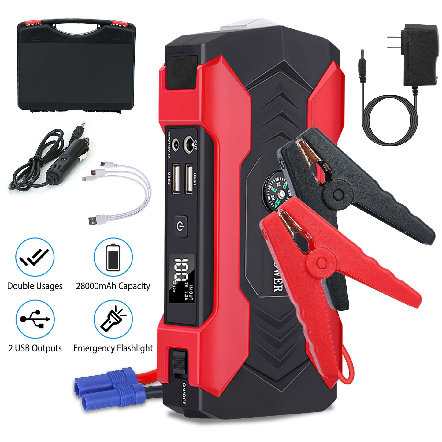 Car Jump Starter Booster 800A Peak 28000mAh 12V Battery Charger Up To 6.0L Gas Or 3.0L